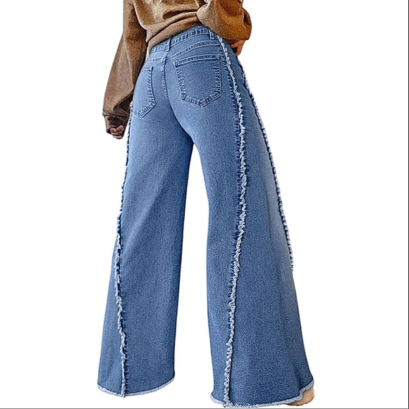 DISTRESSED MID WASH RAW HEM FLARE WIDE LEG JEANS  BOUTIQUE ITEM NEW  SIZE 16 - Picture 2 of 16